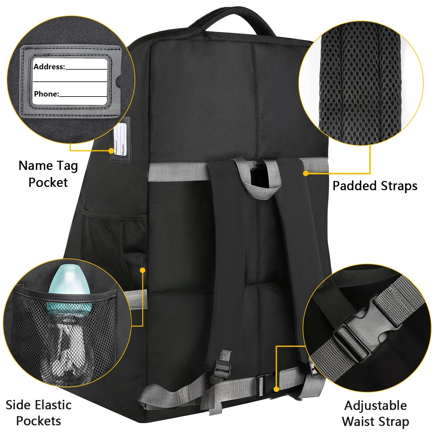 YOREPEK Padded Car Seat Travel Bag Backpack for Airplane, Heavy Duty Car Seat Bags for Air Travel, Carseat Cover for Airplane Travel with Shoulder Strap, Car Seats Carrier for Airport, Black