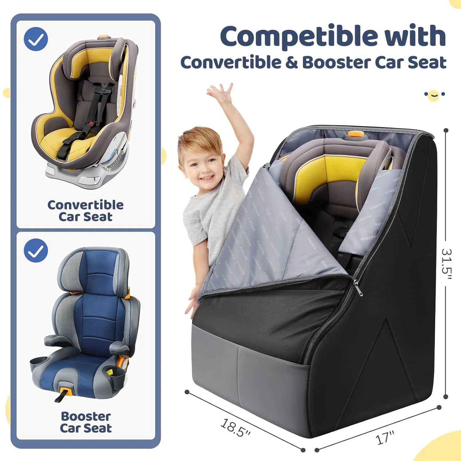YOREPEK Padded Car Seat Travel Bag for Airplane Travel Compatible with Chicco, Britax, Nuna Rava, Sturdy Car Seat Backpack for Airport with Wear-Resistant Bottom, Large Carseat Cover for Baby Travel