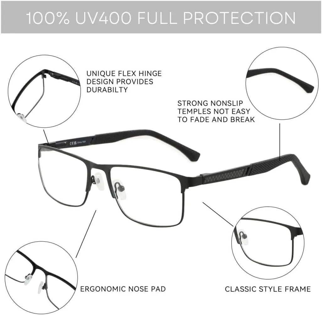 ZENOTTIC Blue Light Reading Glasses for Men Computer Readers Trendy Square Metal Frame Anti Glare